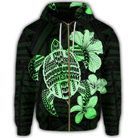 Hawaiian Kanaka Hibiscus Plumeria Mix Polynesian Turtle Zip Hoodie Green - Polynesian Pride