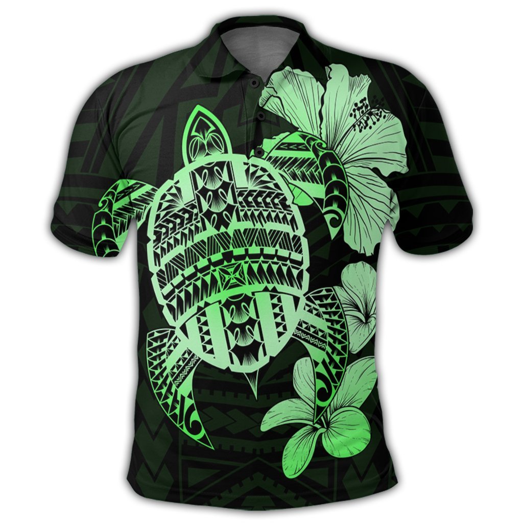 Hawaiian Kanaka Hibiscus Plumeria Mix Polynesian Turtle Polo Shirt Green - Polynesian Pride