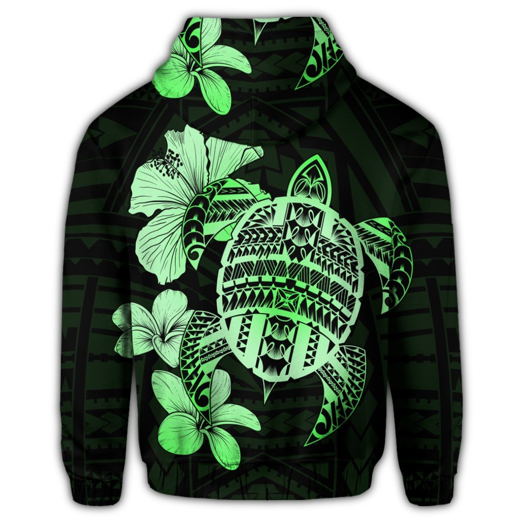 Hawaiian Kanaka Hibiscus Plumeria Mix Polynesian Turtle Zip Hoodie Green - Polynesian Pride