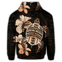 Hawaiian Kanaka Hibiscus Plumeria Mix Polynesian Turtle Hoodie Orange - Polynesian Pride