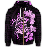 Hawaiian Kanaka Hibiscus Plumeria Mix Polynesian Turtle Zip Hoodie Pink - Polynesian Pride