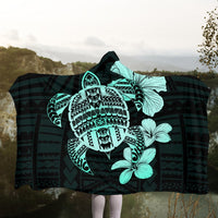 Hawaiian Kanaka Hibiscus Plumeria Mix Polynesian Turtle Hooded Blanket - Turquoise - AH - Polynesian Pride