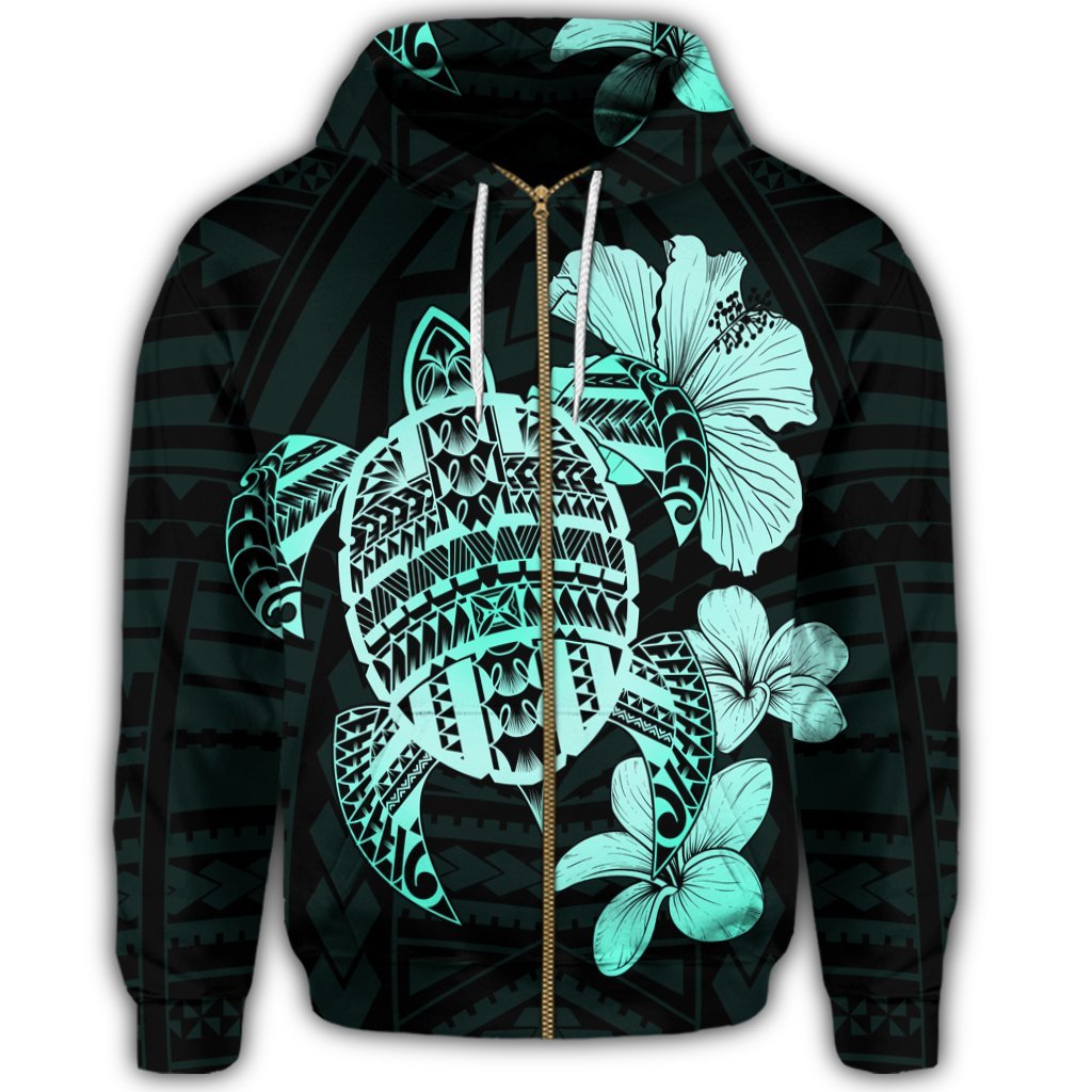 Hawaiian Kanaka Hibiscus Plumeria Mix Polynesian Turtle Zip Hoodie Turquoise - Polynesian Pride