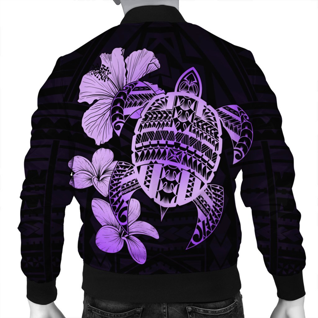 Hawaiian Kanaka Hibiscus Plumeria Mix Polynesian Turtle Bomber Jacket - Violet - AH - Polynesian Pride