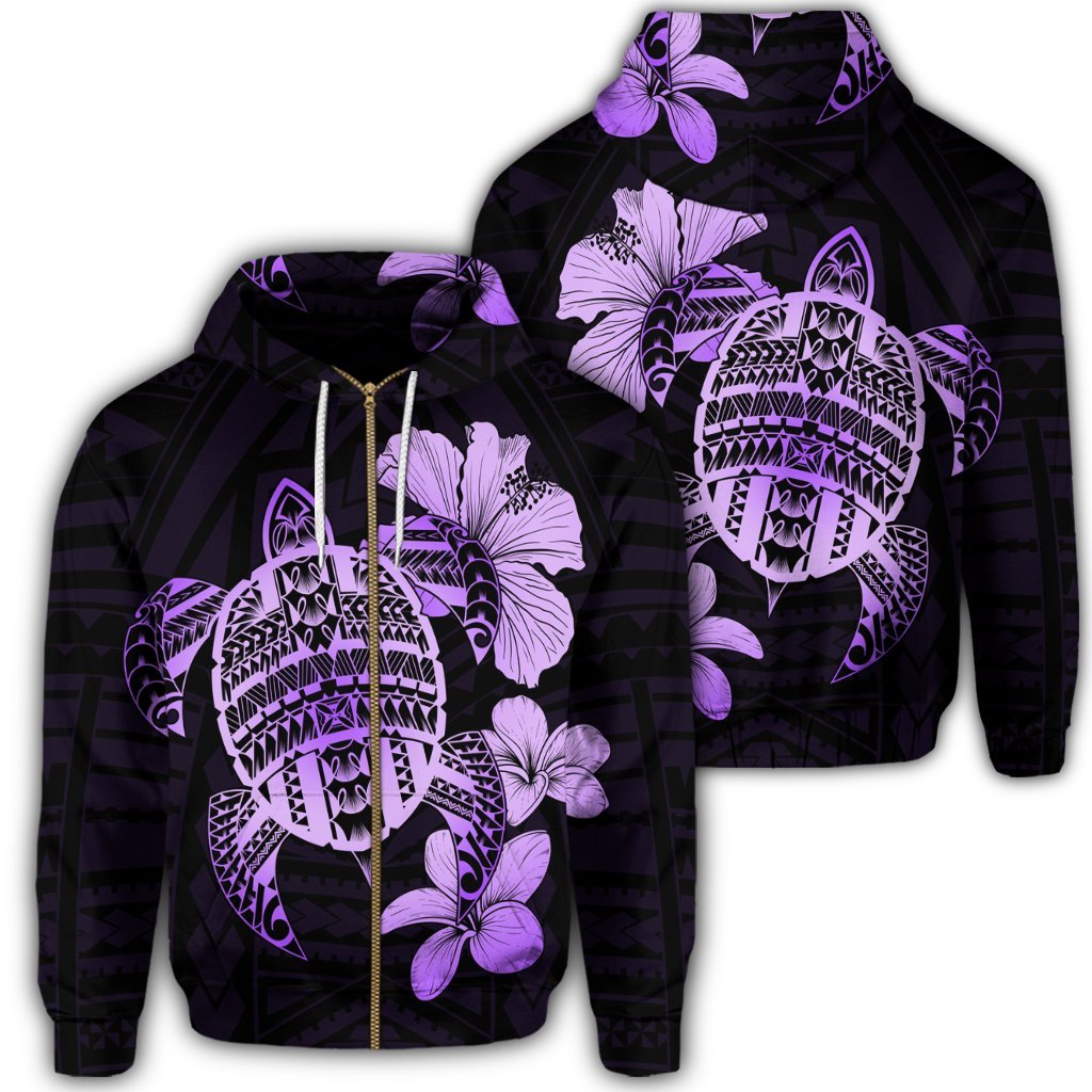 Hawaiian Kanaka Hibiscus Plumeria Mix Polynesian Turtle Zip Hoodie Violet Unisex Art - Polynesian Pride