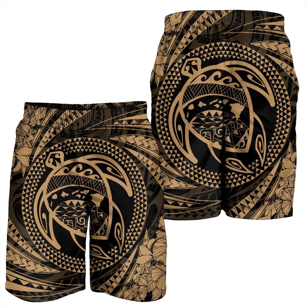 Hawaiian Kanaka Honu Hibiscus Tornando Polynesian Gold Men's Shorts - AH - Polynesian Pride
