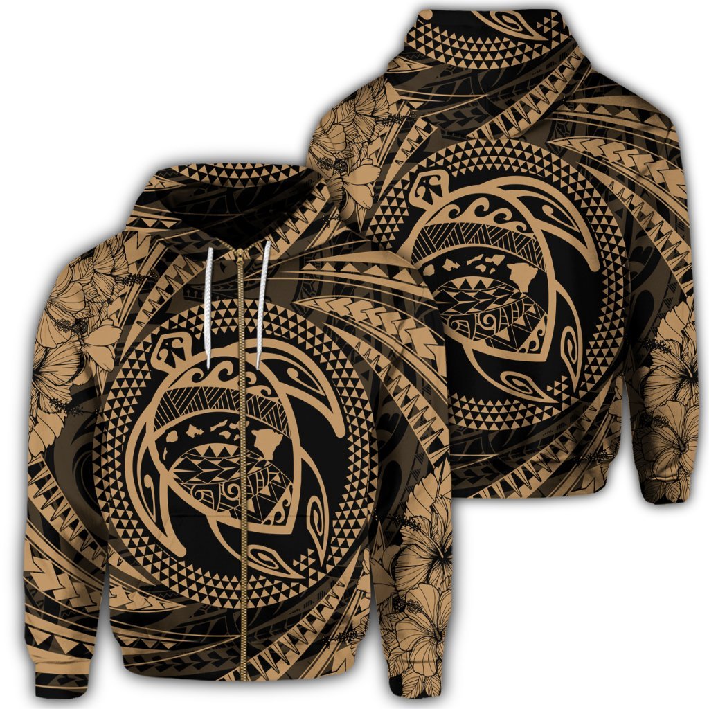 Hawaiian Kanaka Honu Hibiscus Tornando Polynesian Gold Zip Hoodie Unisex Art - Polynesian Pride