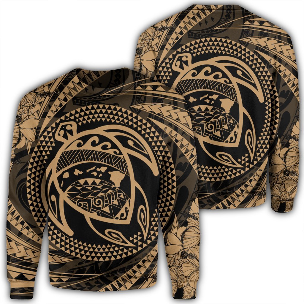 Hawaiian Kanaka Honu Hibiscus Tornando Polynesian Gold Sweatshirt - AH Unisex Black - Polynesian Pride
