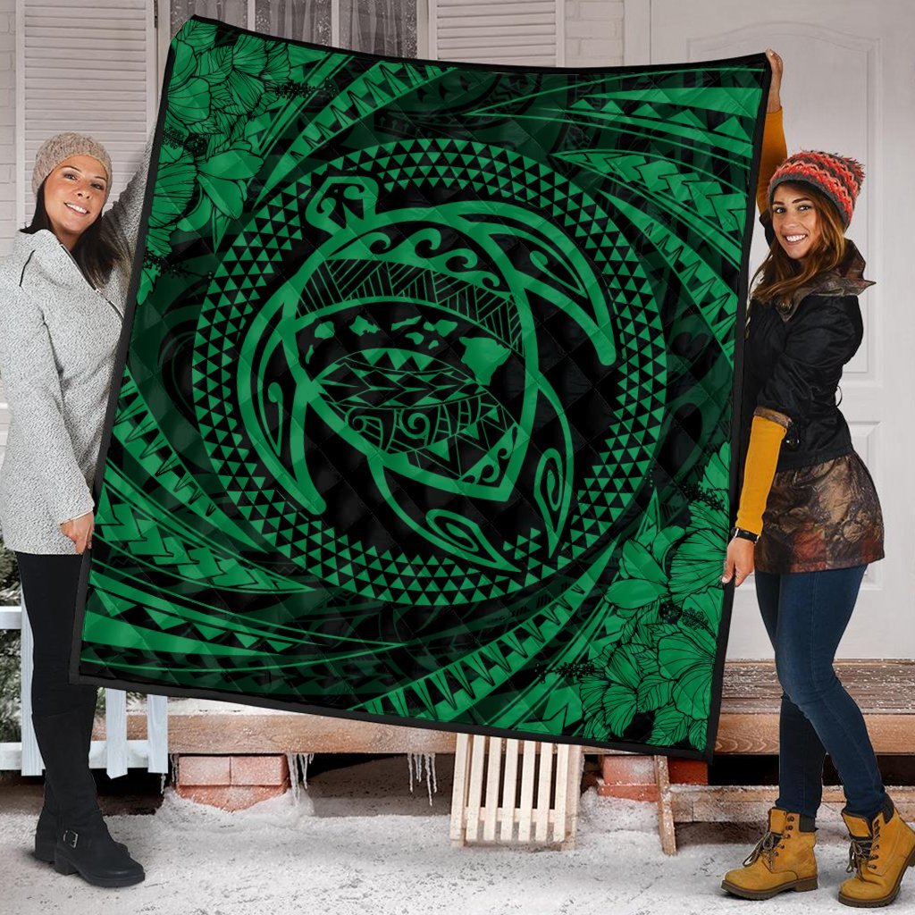 Hawaiian Kanaka Honu Hibiscus Tornando Polynesian Green Premium Quilts - AH - Polynesian Pride