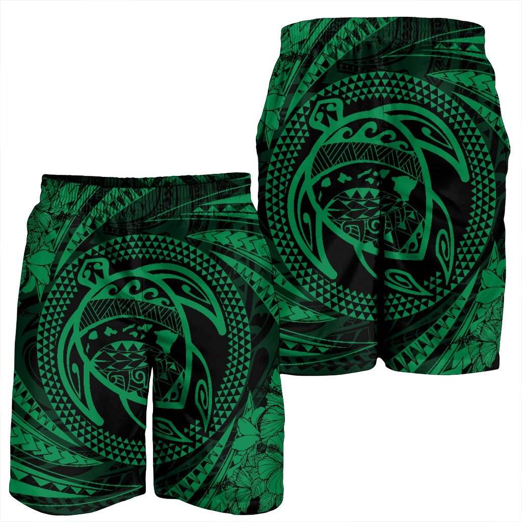 Hawaiian Kanaka Honu Hibiscus Tornando Polynesian Green Men's Shorts - AH - Polynesian Pride