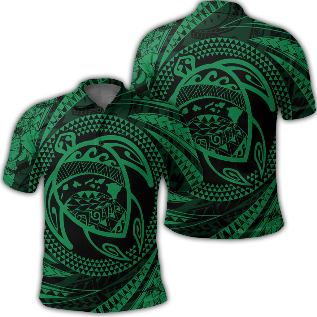 Hawaiian Kanaka Honu Hibiscus Tornando Polynesian Green Polo Shirt Unisex Black - Polynesian Pride