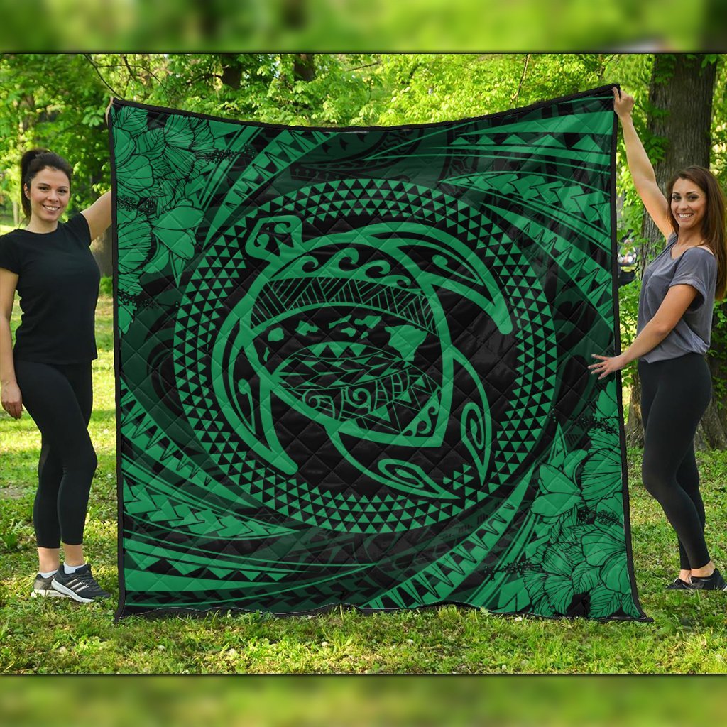 Hawaiian Kanaka Honu Hibiscus Tornando Polynesian Green Premium Quilts - AH Black - Polynesian Pride