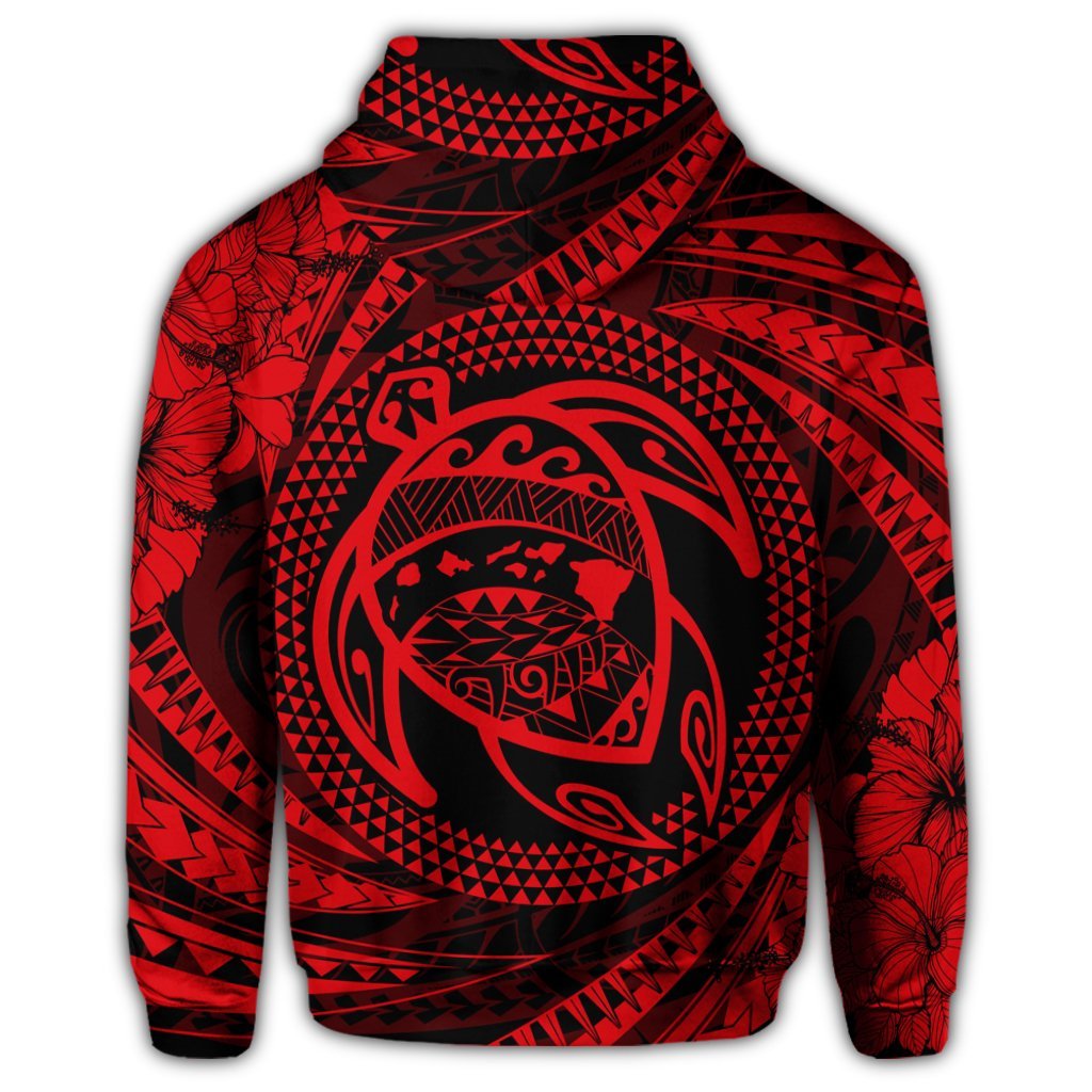 Hawaiian Kanaka Honu Hibiscus Tornando Polynesian Red Hoodie - Polynesian Pride
