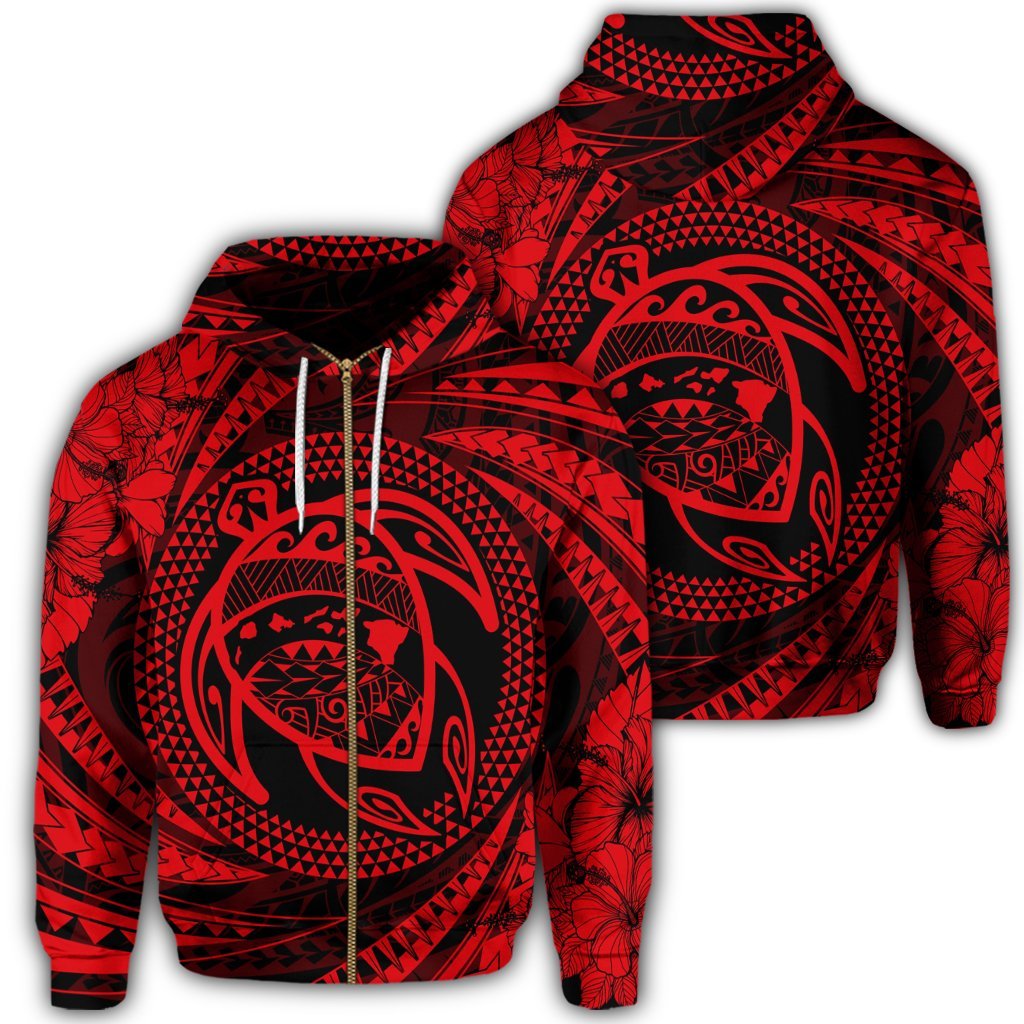 Hawaiian Kanaka Honu Hibiscus Tornando Polynesian Red Zip Hoodie Unisex Art - Polynesian Pride