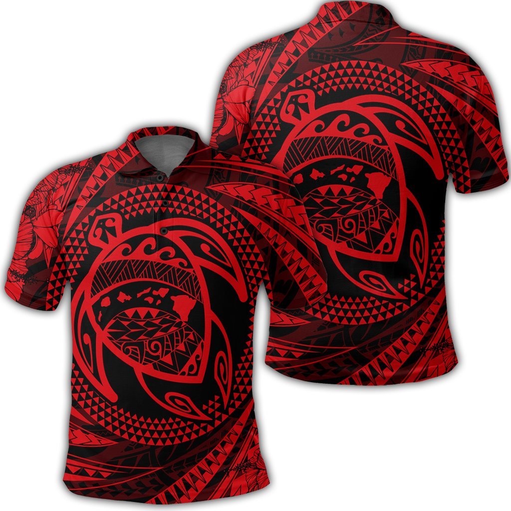 Hawaiian Kanaka Honu Hibiscus Tornando Polynesian Red Polo Shirt Unisex Black - Polynesian Pride