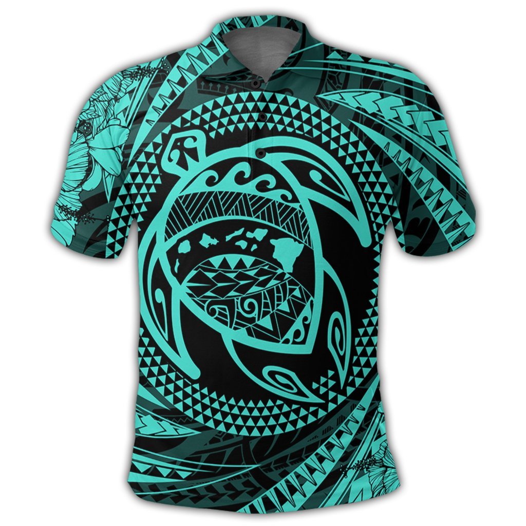 Hawaiian Kanaka Honu Hibiscus Tornando Polynesian Turquoise Polo Shirt - Polynesian Pride