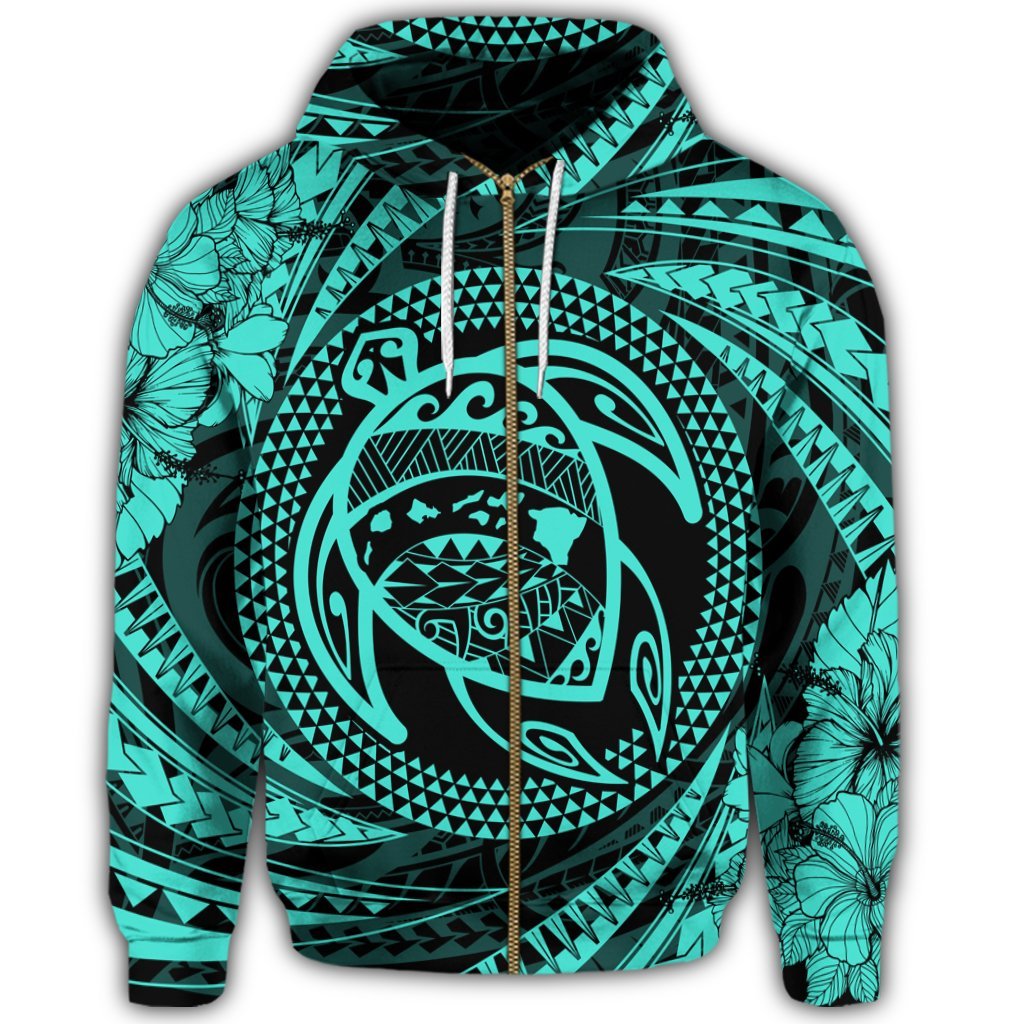 Hawaiian Kanaka Honu Hibiscus Tornando Polynesian Turquoise Zip Hoodie - Polynesian Pride