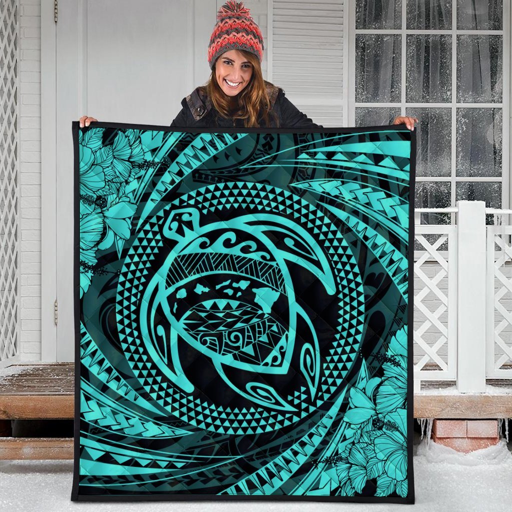Hawaiian Kanaka Honu Hibiscus Tornando Polynesian Turquoise Premium Quilts - AH - Polynesian Pride