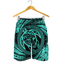 Hawaiian Kanaka Honu Hibiscus Tornando Polynesian Turquoise Men's Shorts - AH - Polynesian Pride