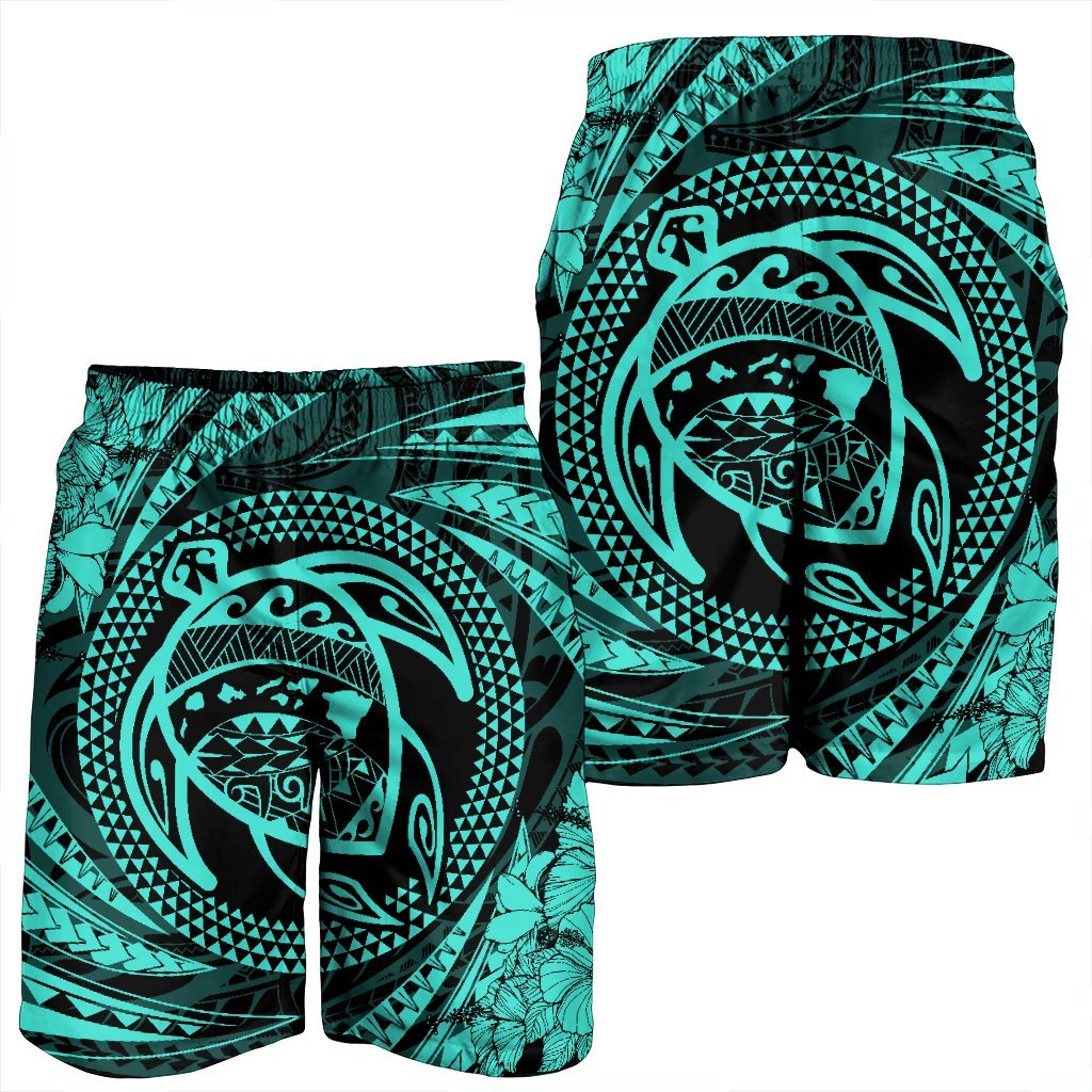 Hawaiian Kanaka Honu Hibiscus Tornando Polynesian Turquoise Men's Shorts - AH - Polynesian Pride