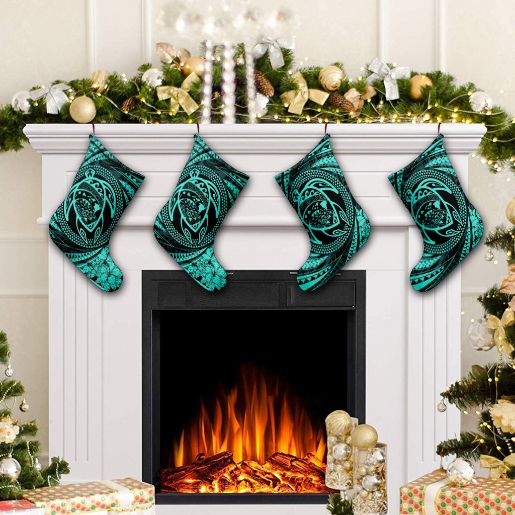 Hawaiian Kanaka Honu Hibiscus Tornando Polynesian Turquoise Christmas Stocking - AH - Polynesian Pride