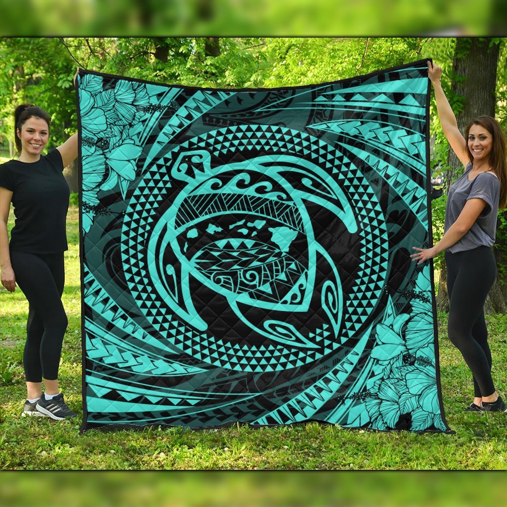 Hawaiian Kanaka Honu Hibiscus Tornando Polynesian Turquoise Premium Quilts - AH Black - Polynesian Pride