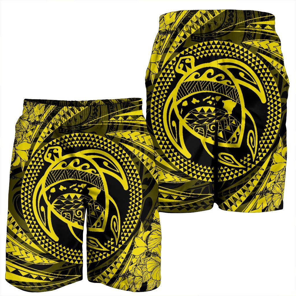 Hawaiian Kanaka Honu Hibiscus Tornando Polynesian Yellow Men's Shorts - AH - Polynesian Pride