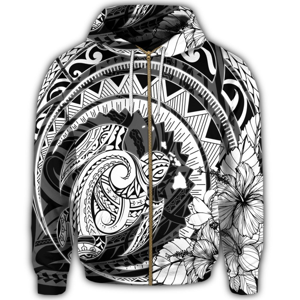Hawaiian Kanaka Honu Map Hibiscus Globular Polynesian Zip Hoodie - Polynesian Pride