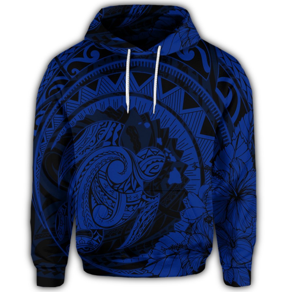 Hawaiian Kanaka Honu Map Hibiscus Globular Polynesian Blue Hoodie - Polynesian Pride