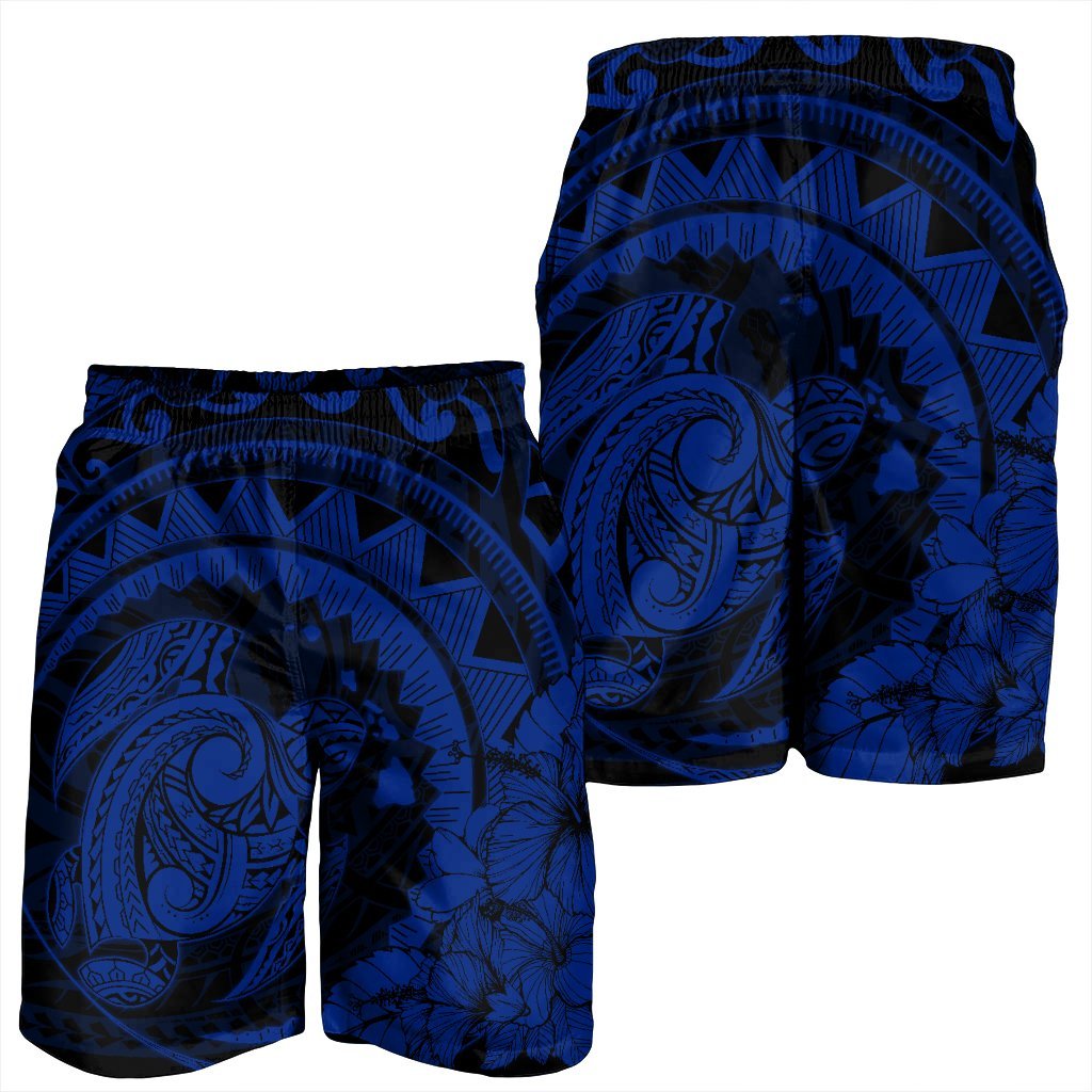 Hawaiian Kanaka Honu Map Hibiscus Globular Polynesian Blue Men's Shorts - AH - Polynesian Pride