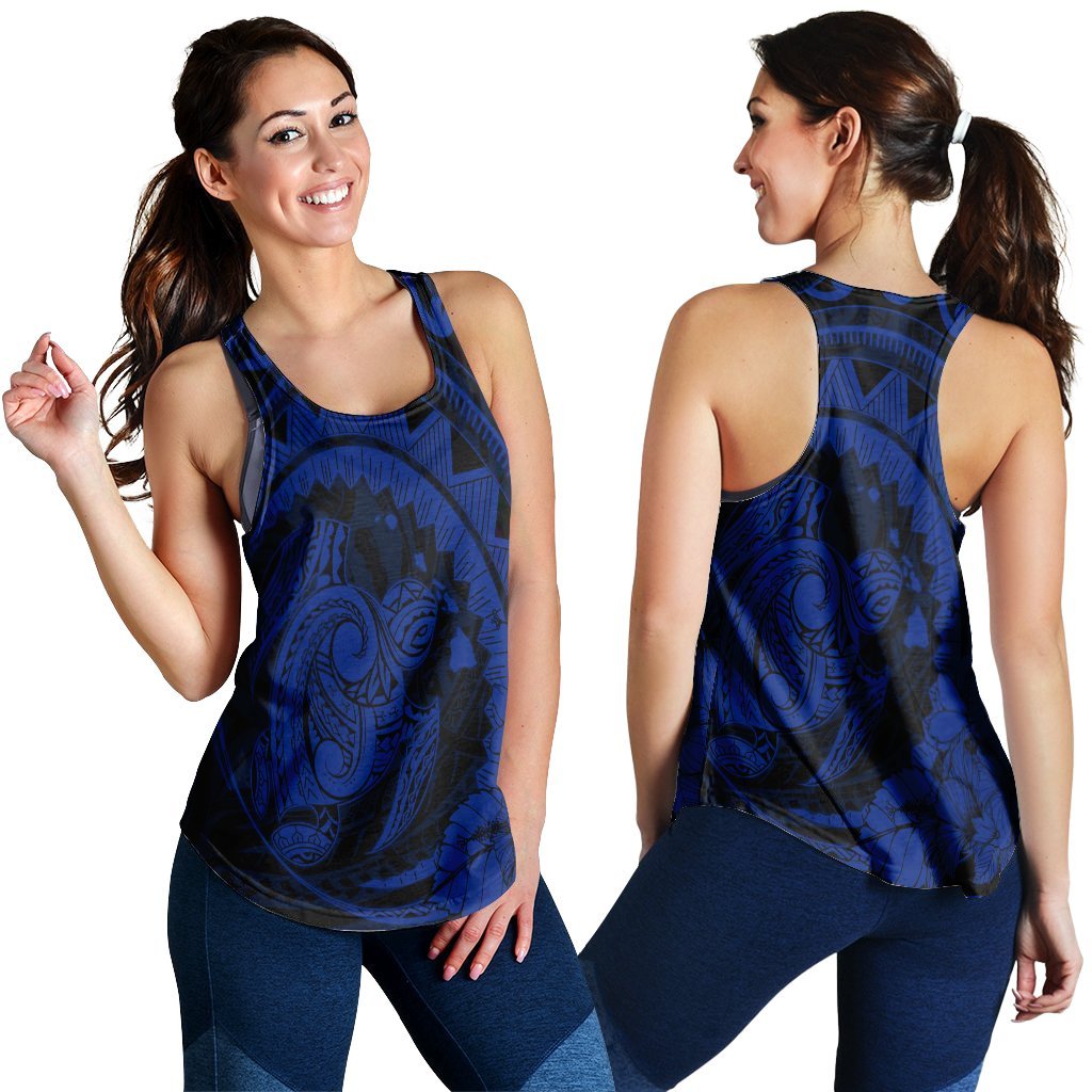 Hawaiian Kanaka Honu Map Hibiscus Globular Polynesian Blue Racerback Tank - AH Black - Polynesian Pride