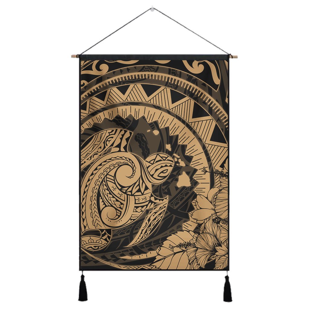Hawaiian Kanaka Honu Map Hibiscus Globular Polynesian Gold Hanging Poster - AH Hanging Poster Cotton And Linen - Polynesian Pride