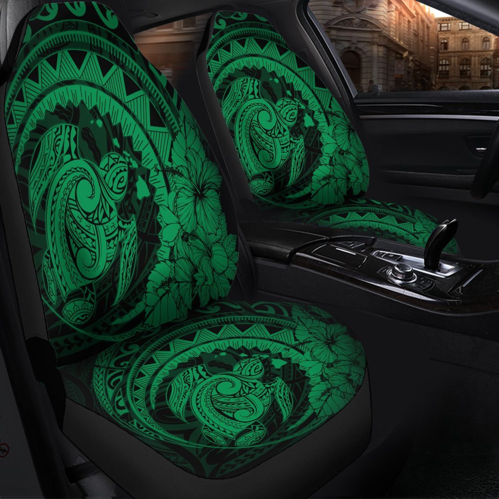 Hawaiian Kanaka Honu Map Hibiscus Globular Polynesian Green Car Seat Covers - AH - Polynesian Pride