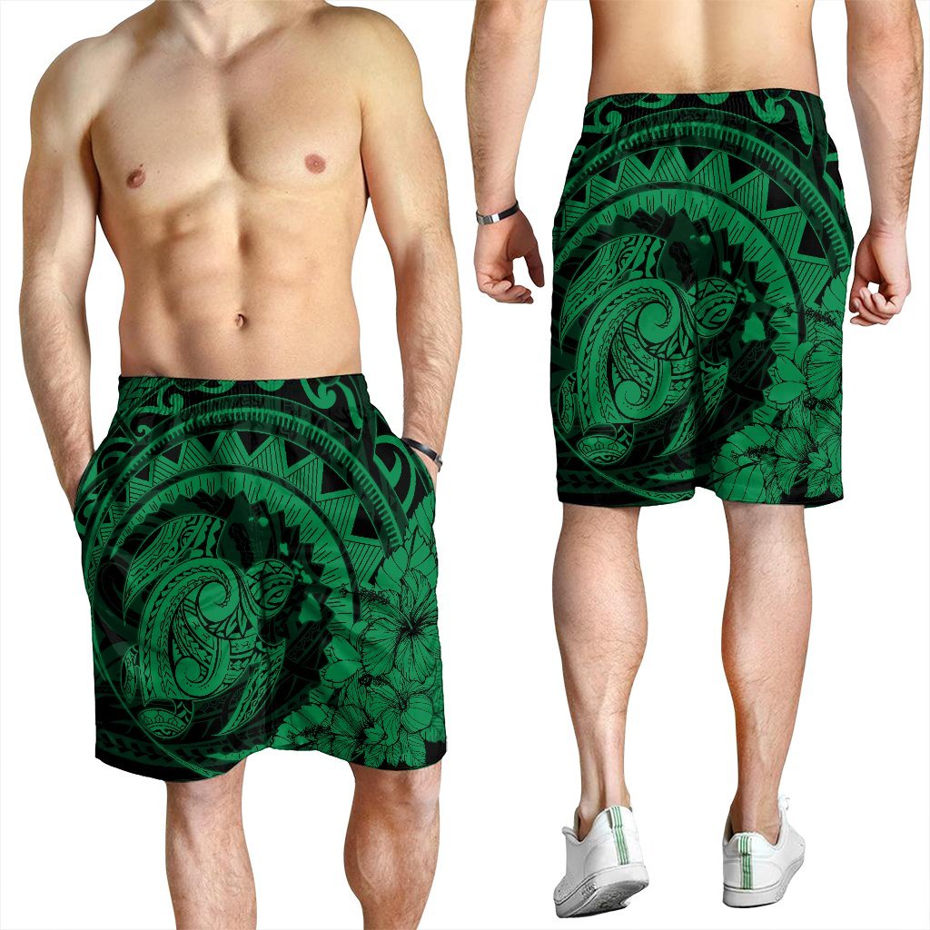 Hawaiian Kanaka Honu Map Hibiscus Globular Polynesian Green Men's Shorts - AH - Polynesian Pride