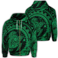 Hawaiian Kanaka Honu Map Hibiscus Globular Polynesian Green Zip Hoodie Unisex Art - Polynesian Pride