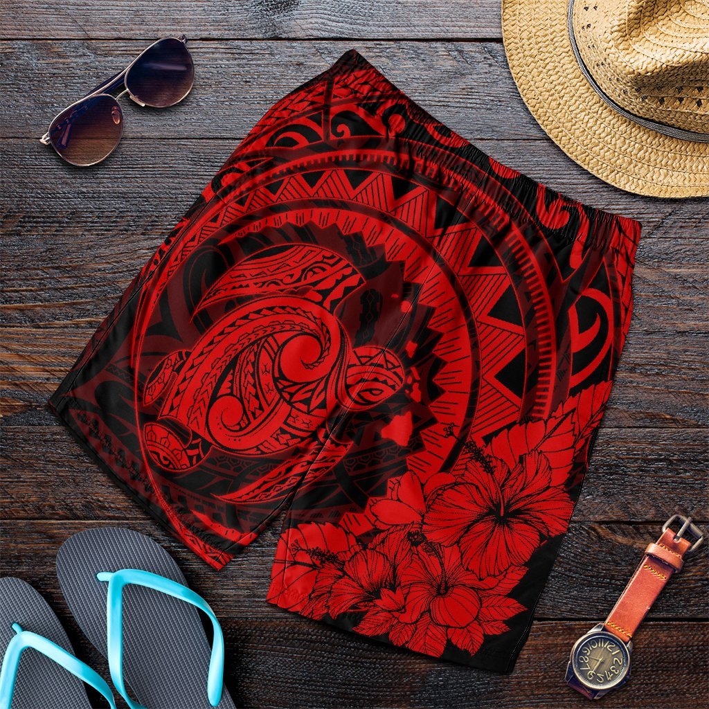 Hawaiian Kanaka Honu Map Hibiscus Globular Polynesian Red Men's Shorts - AH Art - Polynesian Pride