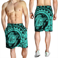 Hawaiian Kanaka Honu Map Hibiscus Globular Polynesian Turquoise Men's Shorts - AH - Polynesian Pride