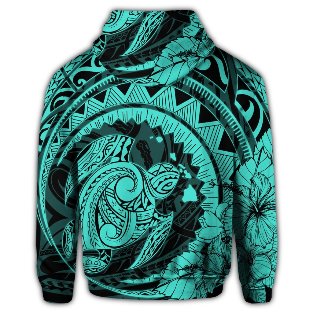 Hawaiian Kanaka Honu Map Hibiscus Globular Polynesian Turquoise Zip Hoodie - Polynesian Pride