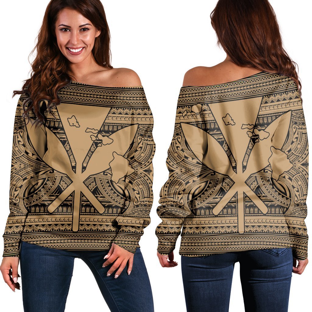 Hawaiian Kanaka Polynesian Tribal Women's Off Shoulder Sweater Reggae Color Gold AH Black - Polynesian Pride