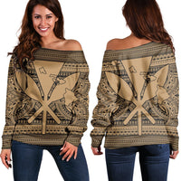 Hawaiian Kanaka Polynesian Tribal Women's Off Shoulder Sweater Reggae Color Gold AH Black - Polynesian Pride