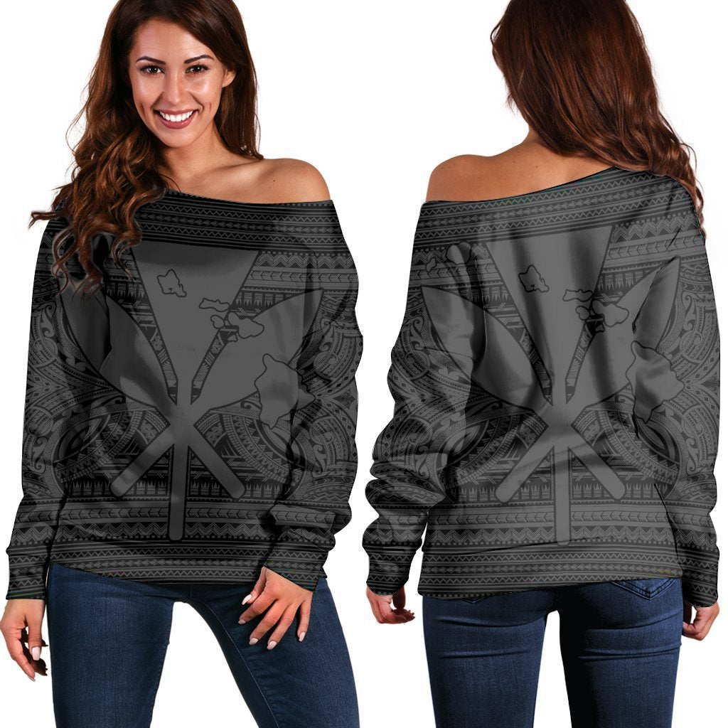 Hawaiian Kanaka Polynesian Tribal Women's Off Shoulder Sweater Reggae Color Gray AH Black - Polynesian Pride