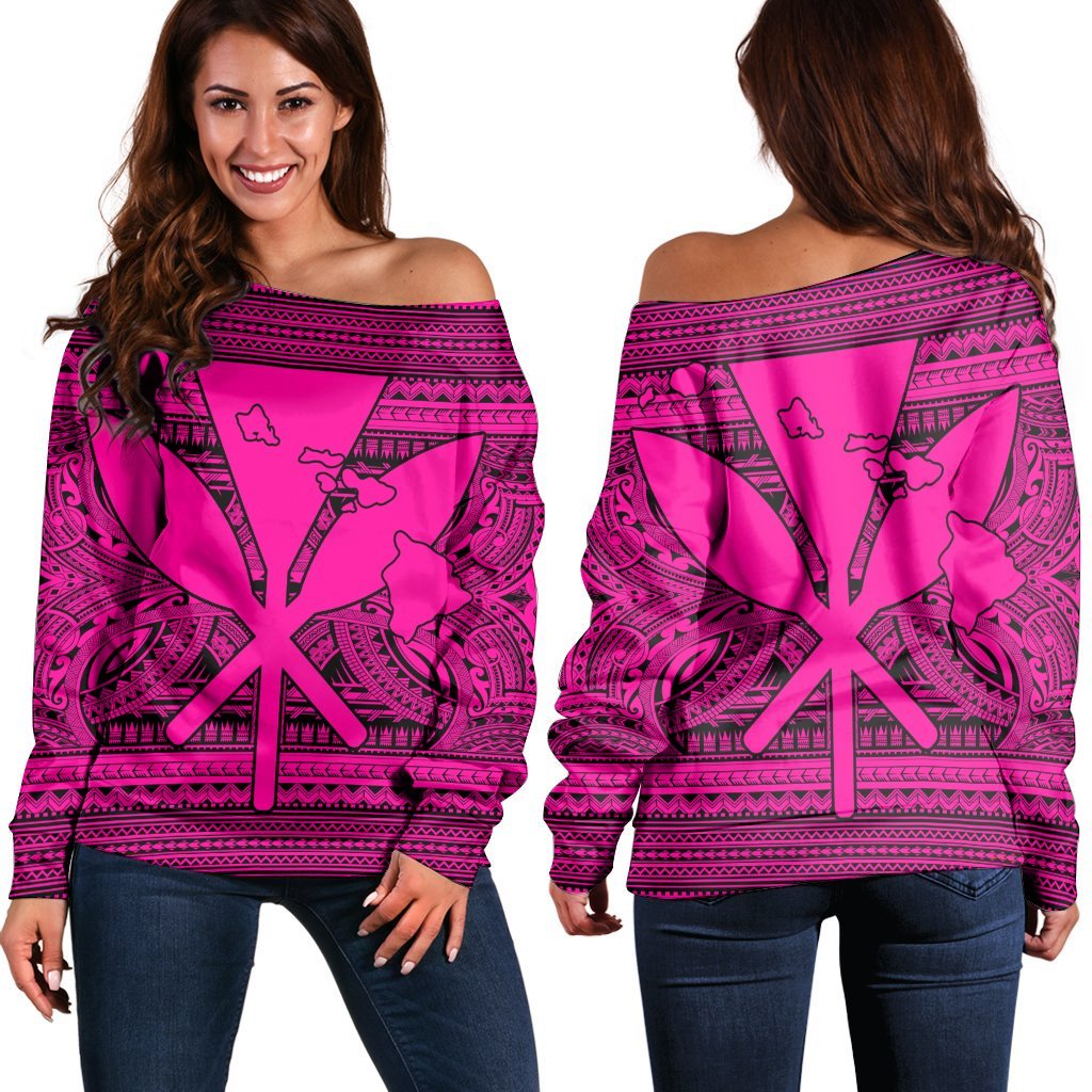 Hawaiian Kanaka Polynesian Tribal Women's Off Shoulder Sweater Reggae Color Pink AH Black - Polynesian Pride