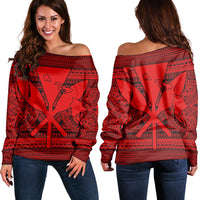Hawaiian Kanaka Polynesian Tribal Women's Off Shoulder Sweater Reggae Color Red AH Black - Polynesian Pride