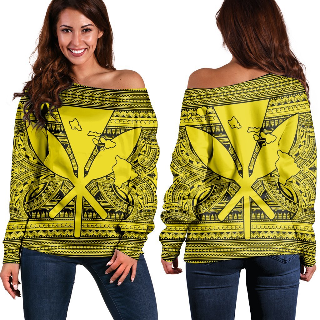 Hawaiian Kanaka Polynesian Tribal Women's Off Shoulder Sweater Reggae Color Yellow AH Black - Polynesian Pride