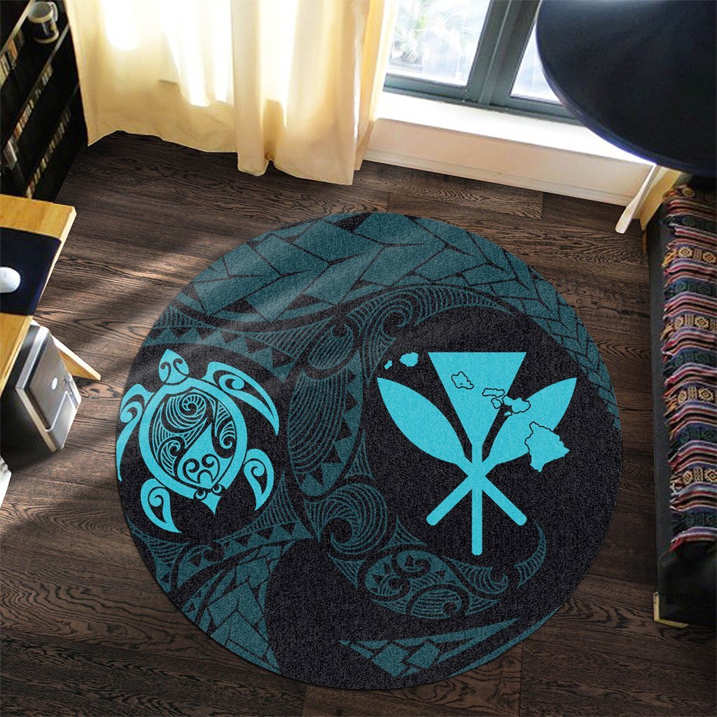 Hawaiian Kanaka Turtle Polynesian Round Carpet Blue AH - Polynesian Pride