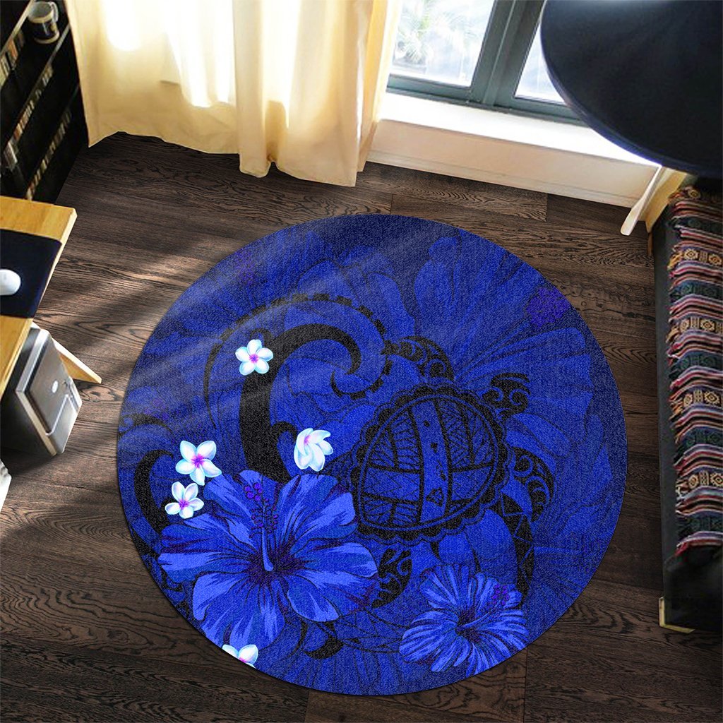 Hawaiian Map Big Turtle Hibiscus Plumeria Tribal Polynesian Round Carpet - Blue - AH - Polynesian Pride