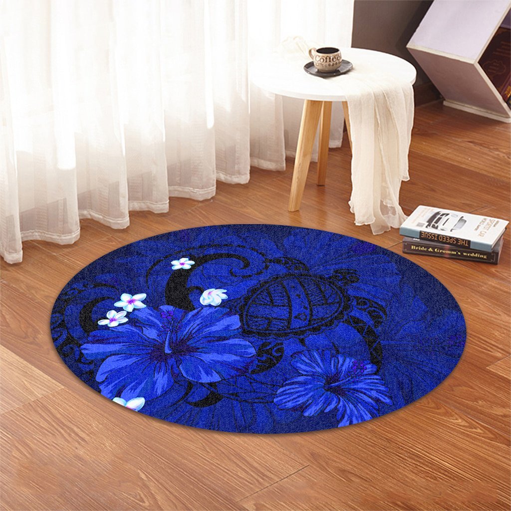 Hawaiian Map Big Turtle Hibiscus Plumeria Tribal Polynesian Round Carpet - Blue - AH - Polynesian Pride