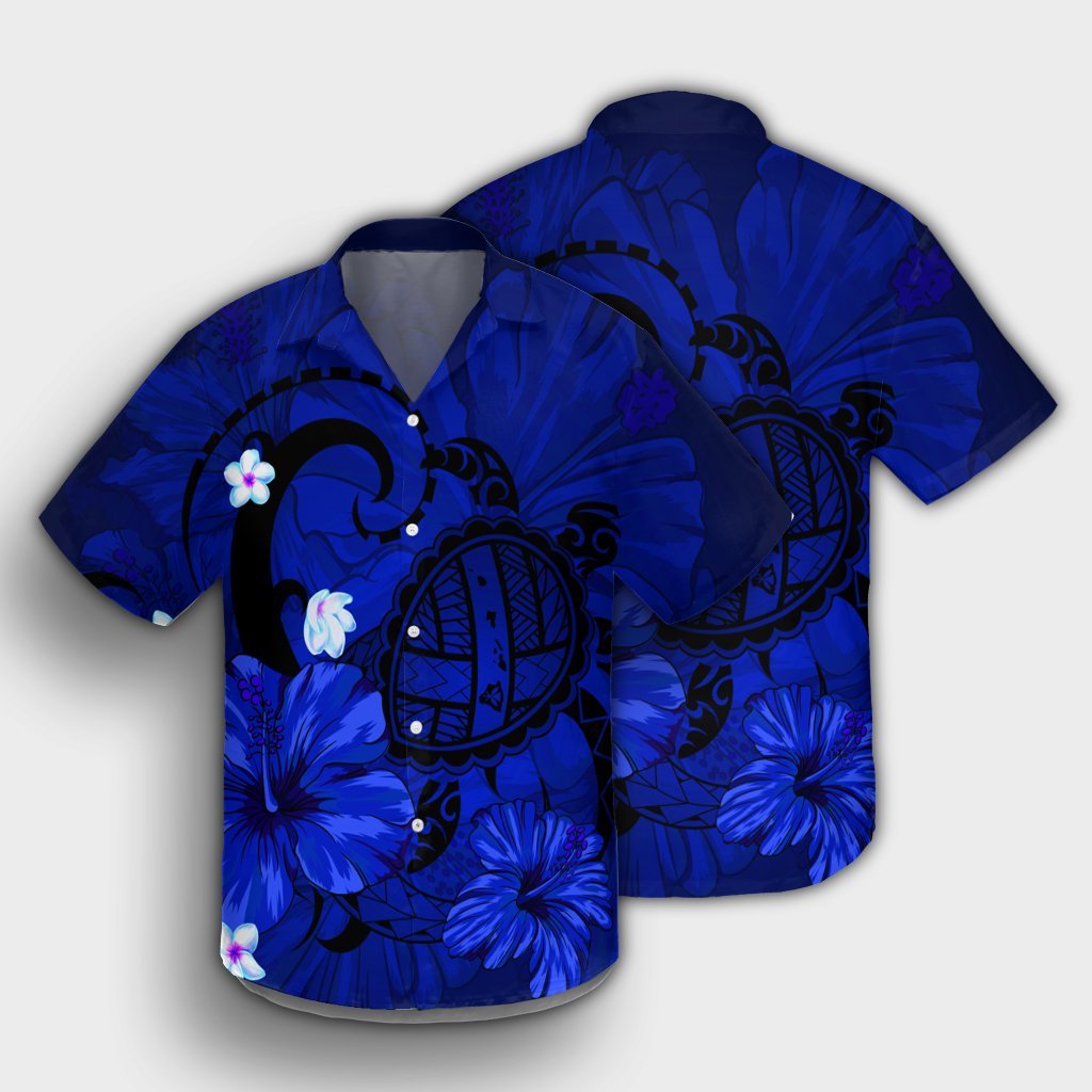 Hawaiian Map Big Turtle Hibiscus Plumeria Tribal Polynesian Hawaiian Shirt - Blue - AH - Polynesian Pride