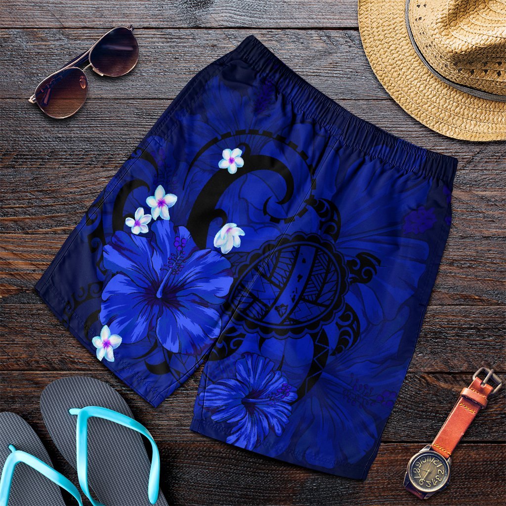 Hawaiian Map Big Turtle Hibiscus Plumeria Tribal Polynesian Men's Shorts - Blue - AH Art - Polynesian Pride