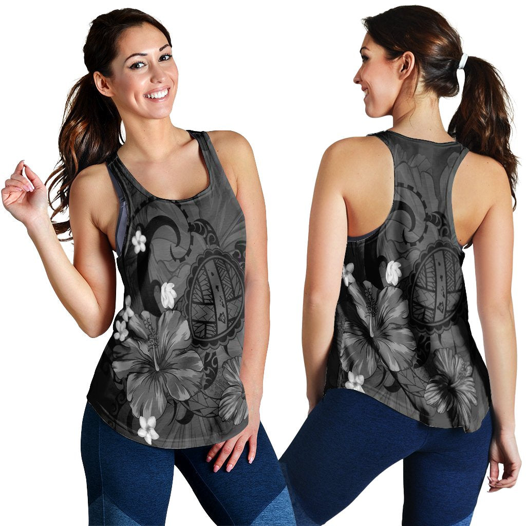 Hawaiian Map Big Turtle Hibiscus Plumeria Tribal Polynesian Racerback Tank - Gray - AH Black - Polynesian Pride
